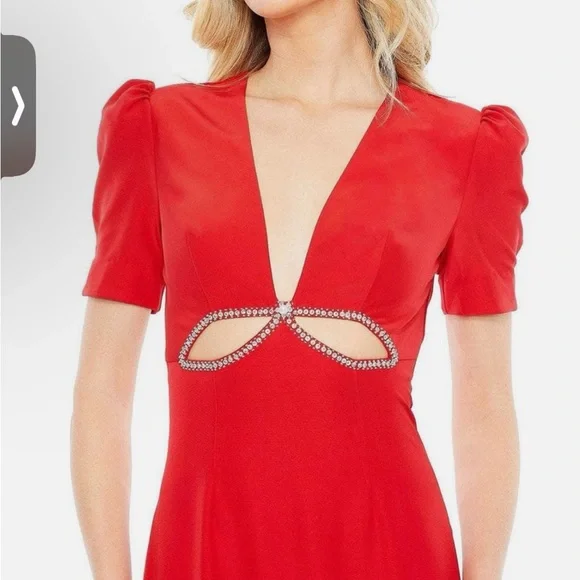 Mac Duggal Red 2630 V-Neck Embellished Cut Out Gown Dress Prom Cocktail